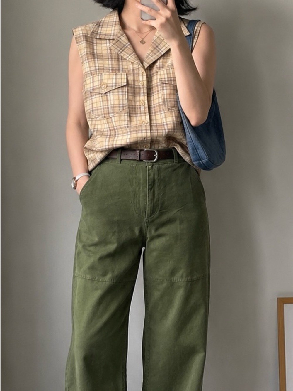 Vintage Linen Plaid Beige Sleeveless Blouse